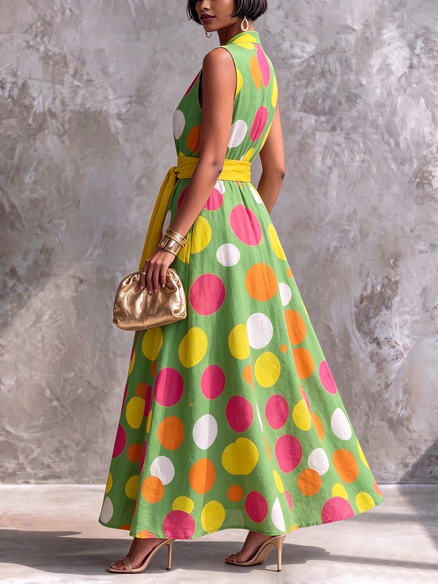 Artistic Polka-dot Print Dress With A Belt