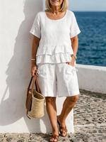 Loose-fitting Cotton-linen Two-piece Set (short-sleeved Top And Shorts)—suitable For Lounging At Home Or Casual Outings