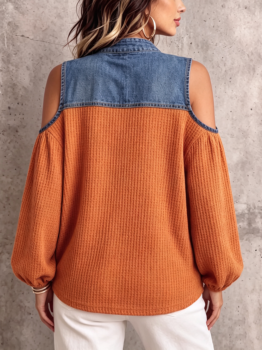 Cozy Casual Denim-paneled Waffle Knit Top