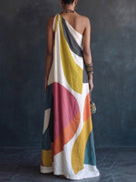 Cotton-linen One-shoulder Maxi Dress With Colorful Artistic Graphic Print