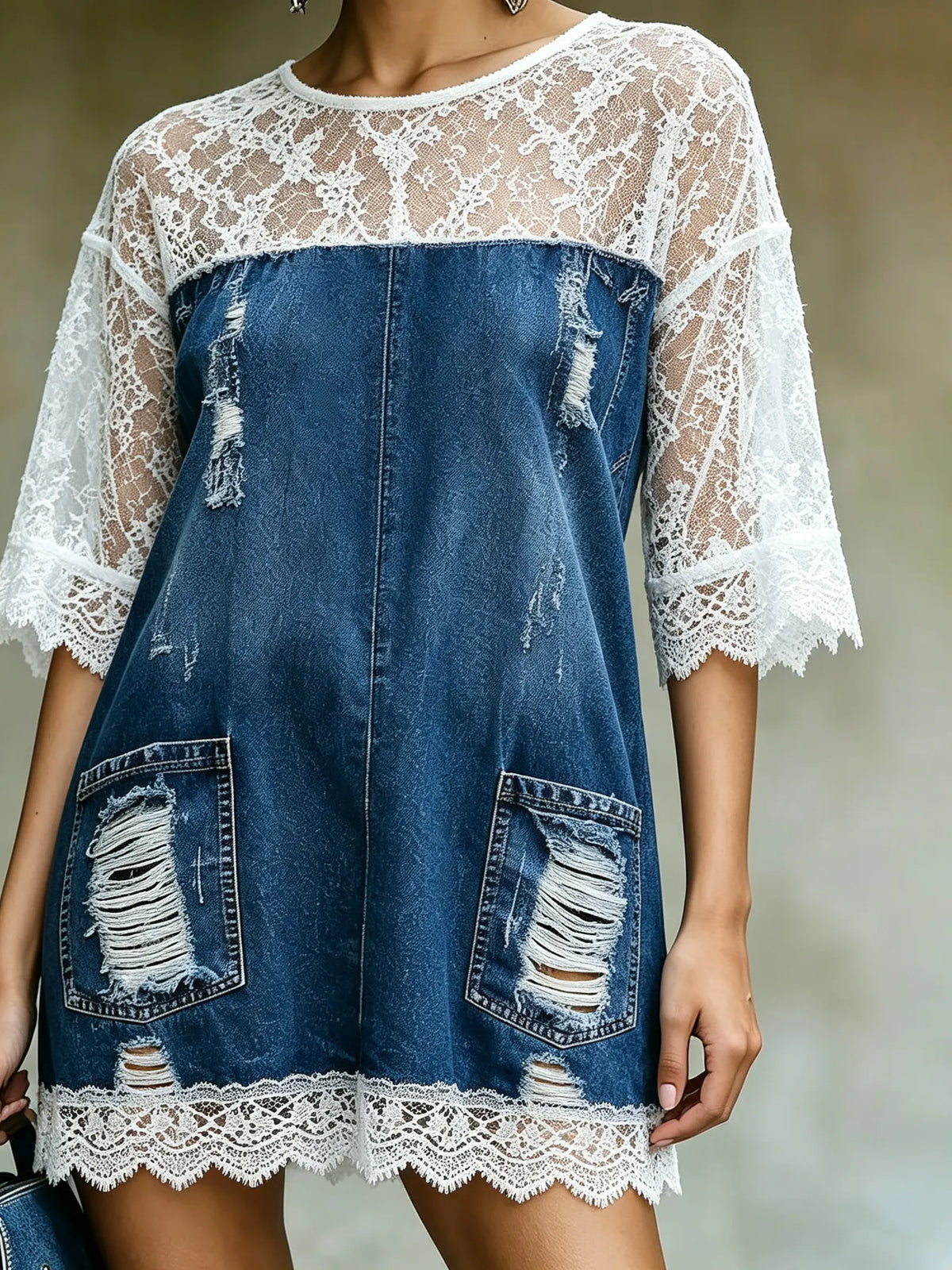 Women's Distressed Denim Lace-Sleeve Mini Dress