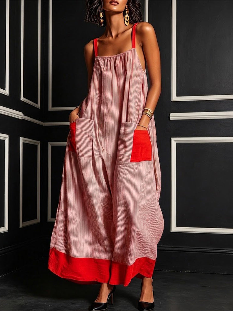 Resort Contrast Color Elastic Square Neck Thin Strap Vertical Stripe Red Splice Pocket Hem Loose Ankle Dress