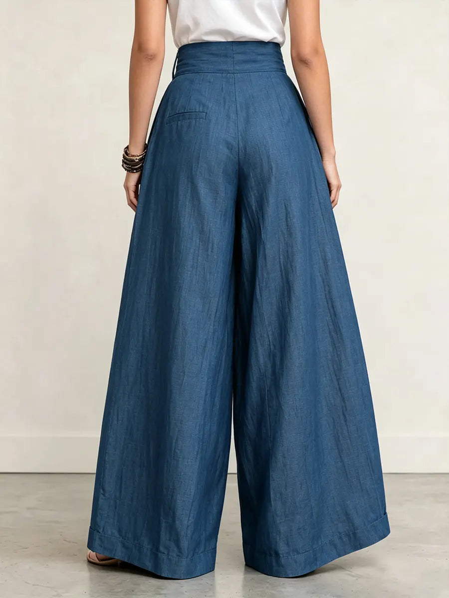 Dramatic Tancel Denim High-waisted Pleated Palazzo Pants