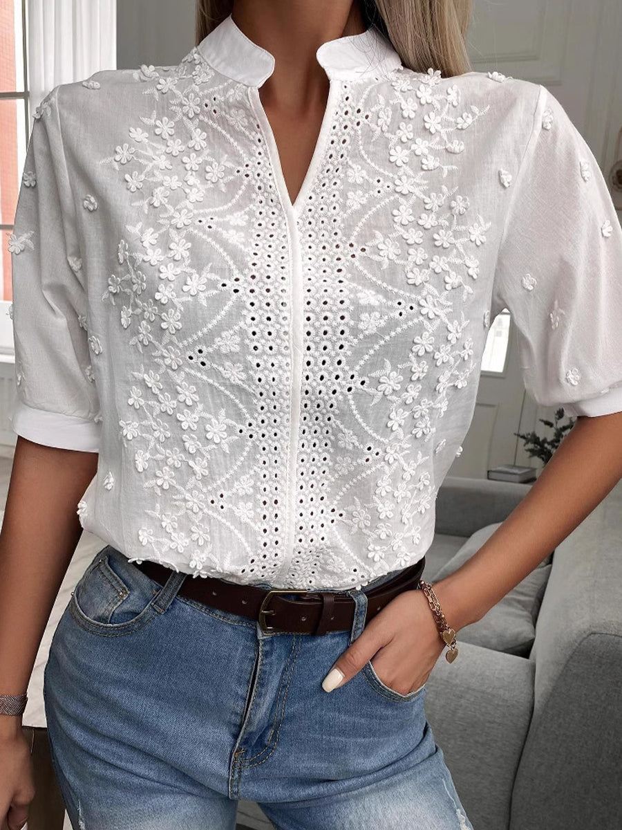 Floral Embroidered Cut-out Linen-cotton Shirt