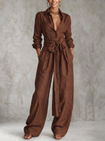 Solid Color Collared Top And Stylish Casual High-waisted Trousers Two-piece Set