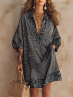 Casual Drop-shoulder Dress Featuring Vertical Stripes, An All-over Leopard Print, And Contrasting-color Panels At The Collar, Cuffs, And Hem