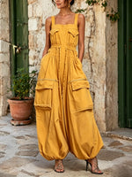 Women's Casual Loose Stylish Sleeveless Adjustable Waist Pockets Cotton Linen Jumpsuit