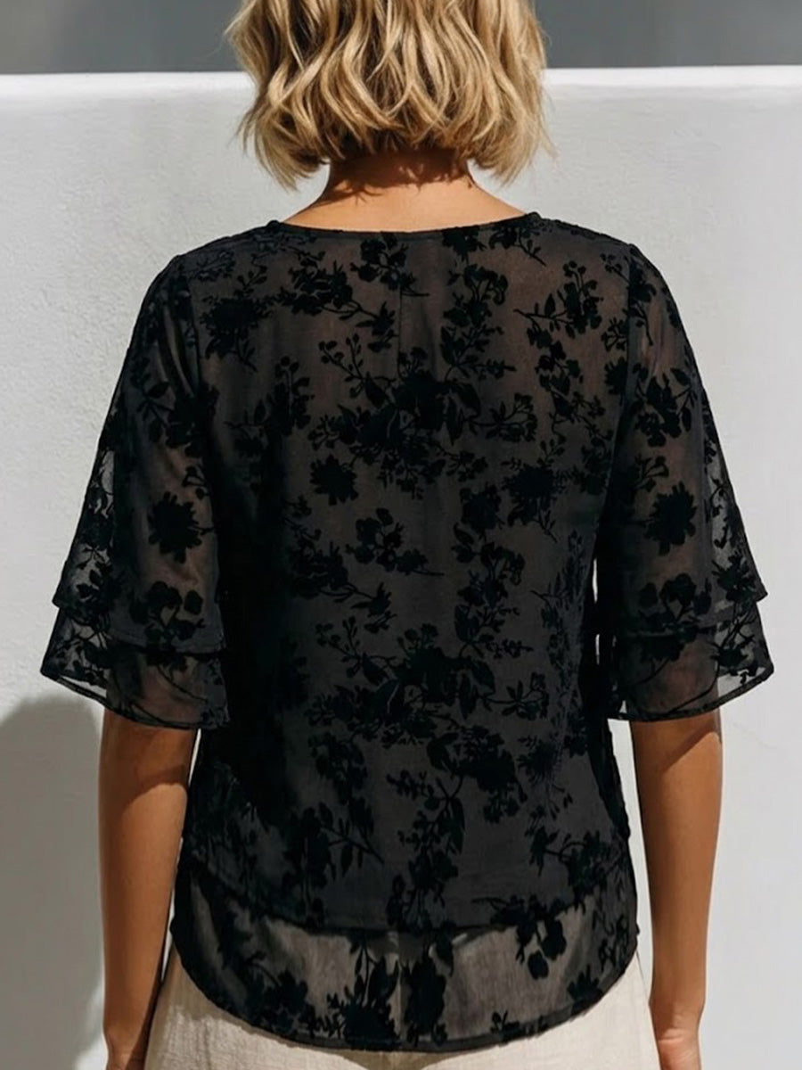Commute Resort Flocked Print Double Layer Flow V-neck Ruffle 3/4 Sleeve Shirt