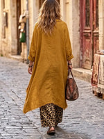 Bohemian Draped Mustard Linen Tunic & Leopard Pants