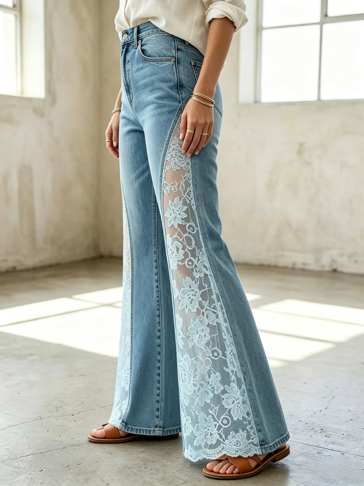 Women's Solid Floral Lace Spliced Denim Flare Pants
