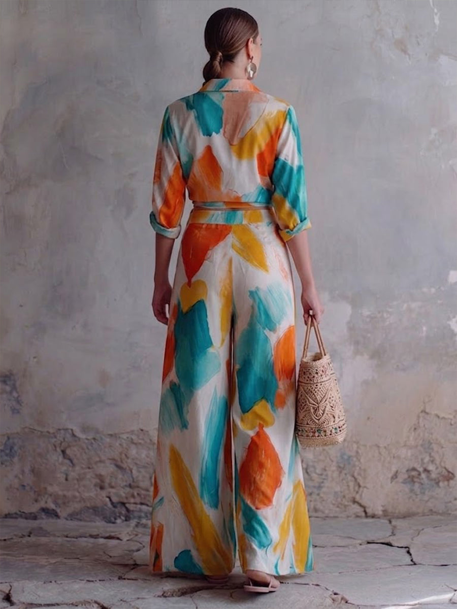 Two-piece Set Featuring An Abstract Brushstroke Print Cotton-linen Shirt And Trousers.