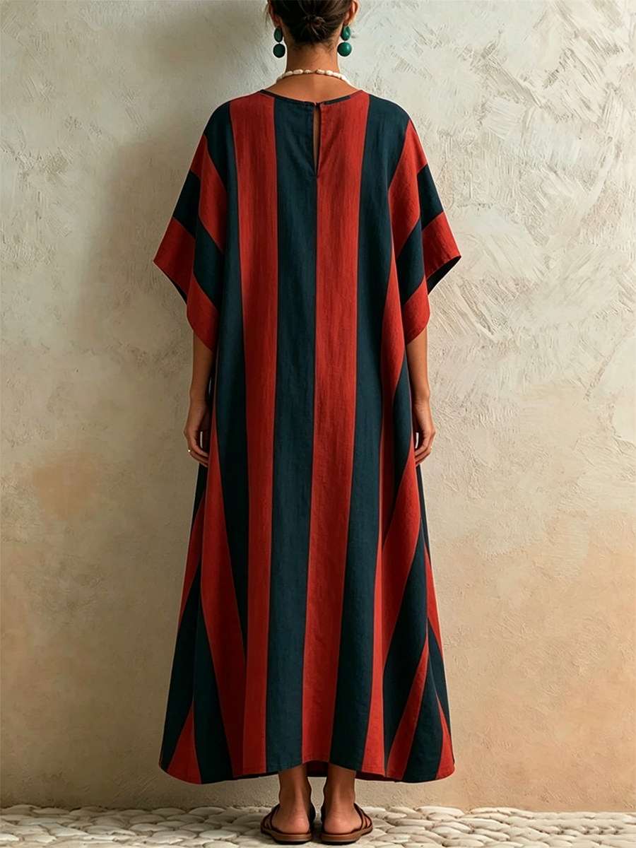 Laid-back Oversized Batwing Sleeve Vertical Stripe Side Pocket Linen Long Dress