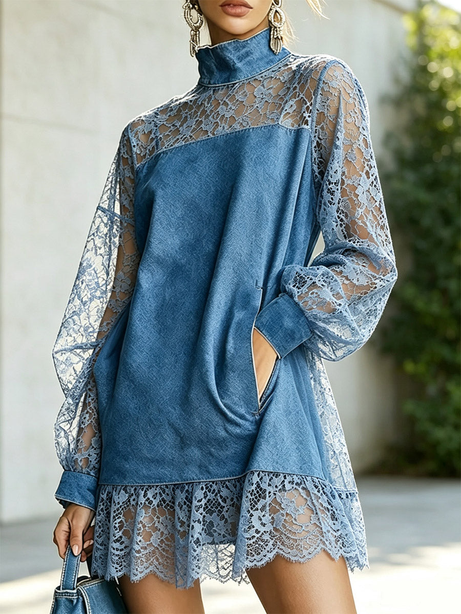 Denim & Lace Patchwork Hollow Loose Art Casual Stylish Long Sleeve Short Dress