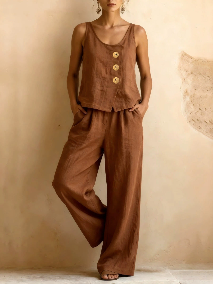 Women's Solid Color Art Casual Vest Top And Pants Two-piece Set