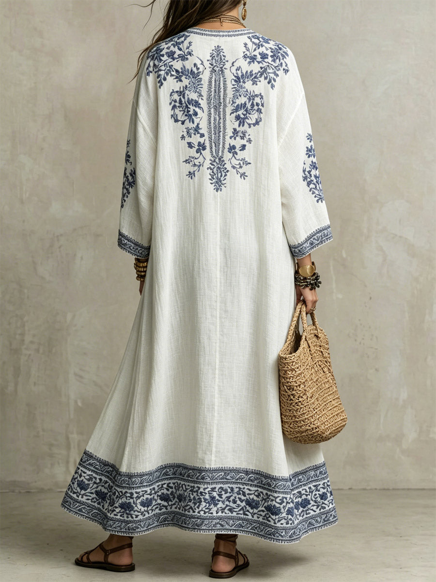 Women's Floral Art Print Casual Split Stylish 3/4 Sleeve Maxi Cotton Dress