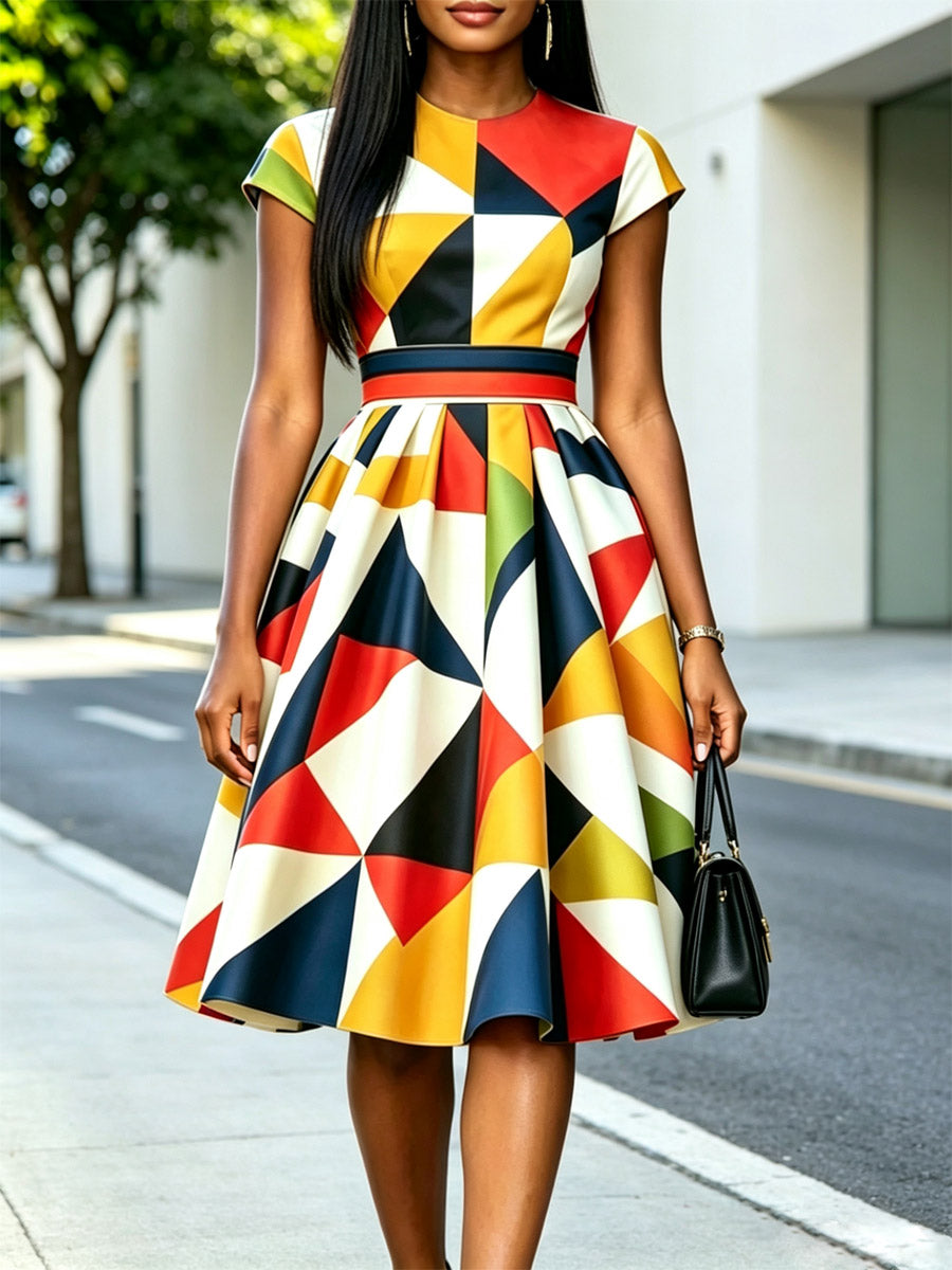 Women's Geometric Pattern Print Chic Art Casual Stylish Midi Dress