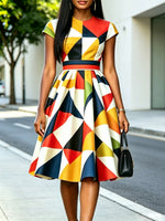 Women's Geometric Pattern Print Chic Art Casual Stylish Midi Dress