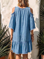 Women's Casual Loose A-line Denim Dress With Round Neck And 3/4 Sleeves