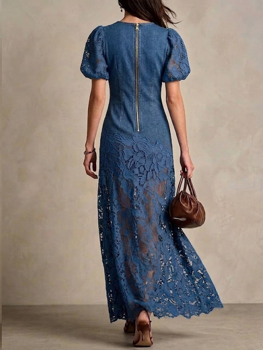 Stylish And Elegant Slim-fit Denim Dress With Spliced embroidered Lace