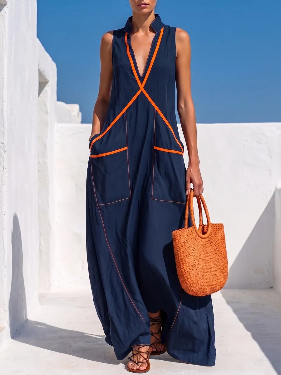 Striking Contrast Trim Maxi Dress – Relaxed V-neck Resort Wear