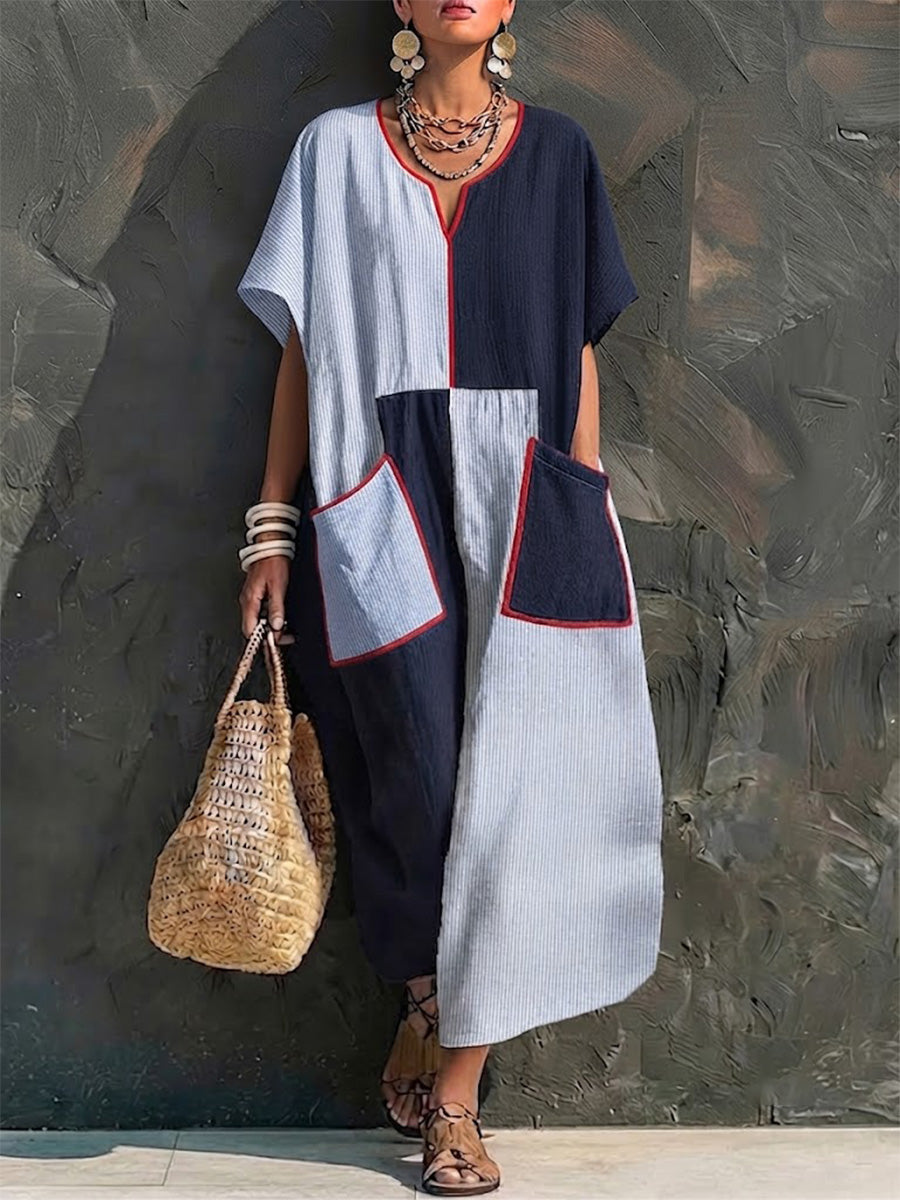 Vintage Casual Geometric Block Contrast Stripe Splice Red Piping V-neck Big Pocket Loose Ankle Vacation Maxi Dress