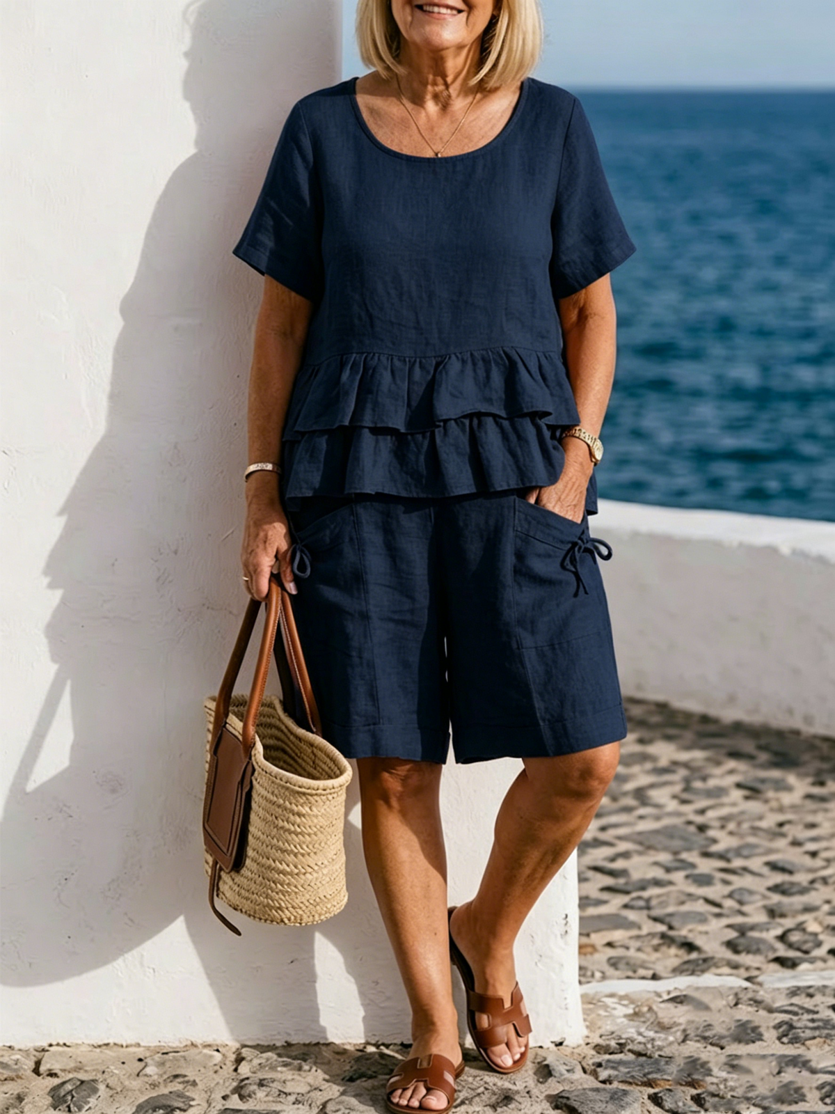 Loose-fitting Cotton-linen Two-piece Set (short-sleeved Top And Shorts)—suitable For Lounging At Home Or Casual Outings