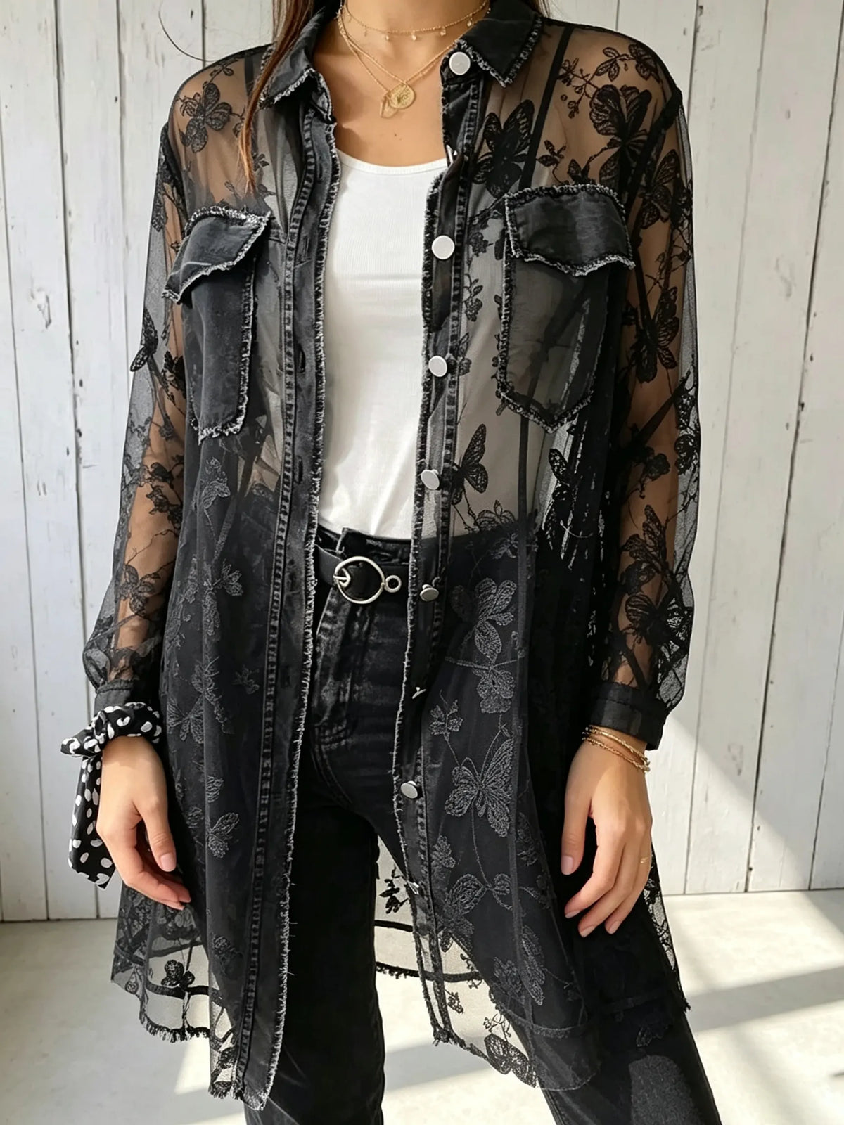 Women's Butterfly Lace Print Frayed Long Sheer Shirt Cardigan