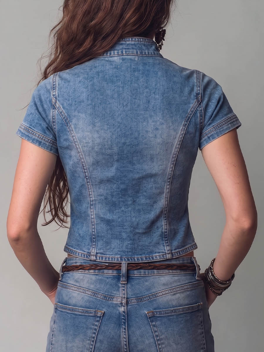 Women's Stand-collar Short-sleeve Loose-fit Casual Denim Top