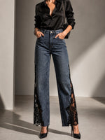 Elegant Lace Panel Wide Leg Denim Jeans For Women – High Waist Premium Vintage Wash Jeans