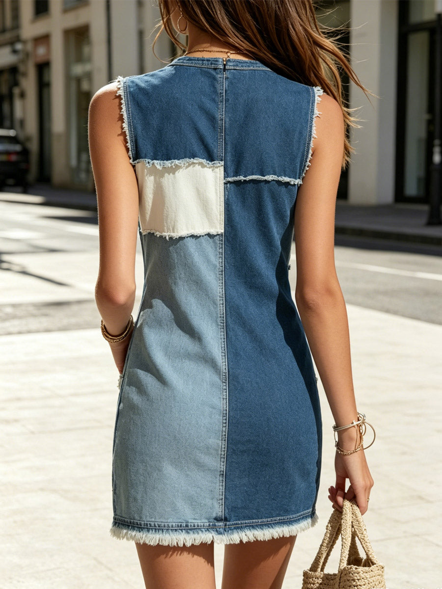 Women's Zip Art Patchwork Casual Stylish Pockets Mini Denim Dress