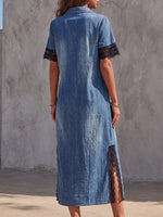 Vintage Art Comfortable Fabrics Hollowed Out Lace Patchwork Denim Dress