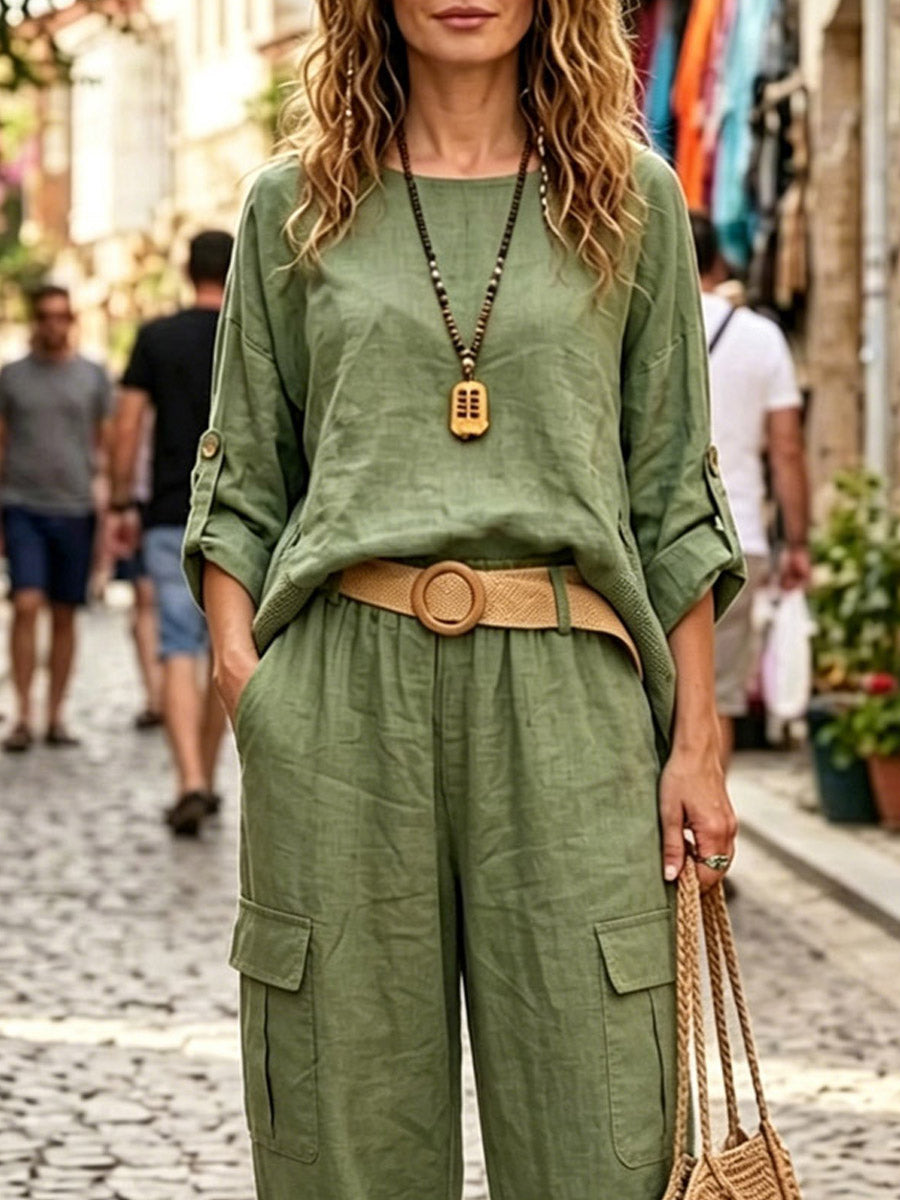 Women's Casual Long Sleeve Top And Pants Cotton And Linen Two-piece Set