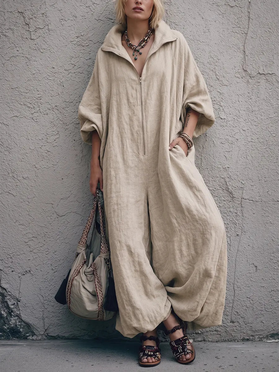 Effortless Utility Jumpsuit – Oversized Zip-Front & Voluminous Wide-Leg Design