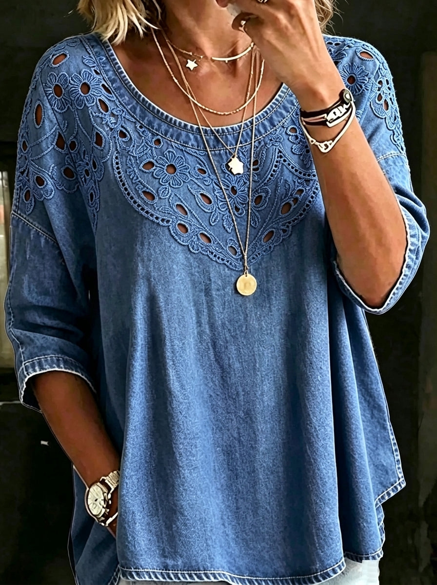 Women’s Floral Eyelet Embroidery 3/4 Sleeve Loose Denim Tunic Top