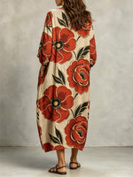 Women's Floral Art Print Casual Stylish Long Sleeve Maxi Cotton Linen Dress