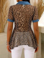 Women's Leopard Print Peter Pan Collar Short-sleeve Casual Loose Denim Cardigan With Chiffon Panels