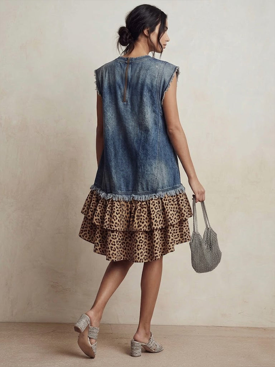 Casual Patchwork Leopard-print Denim Mini Dress With Ruffles