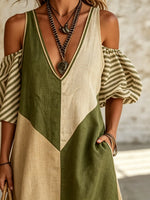 Women's Color Block Stripe Patchwork Cold Shoulder Maxi Dress