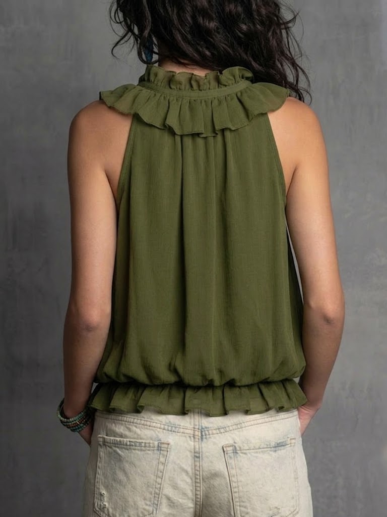 Stylish And Elegant Sleeveless Half-zip Top With A Ruffled Collar.