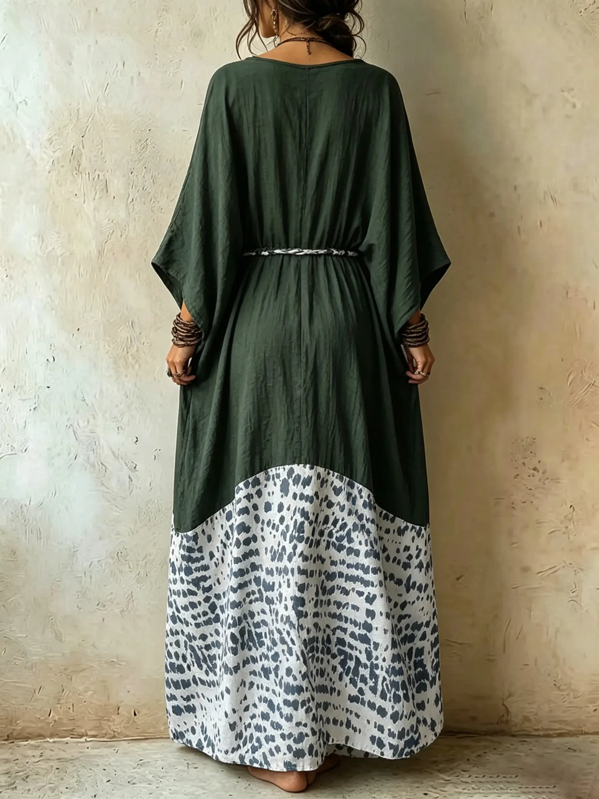 Women's Spliced Spot Leopard Print V Neck Loose Vacation Maxi Dress