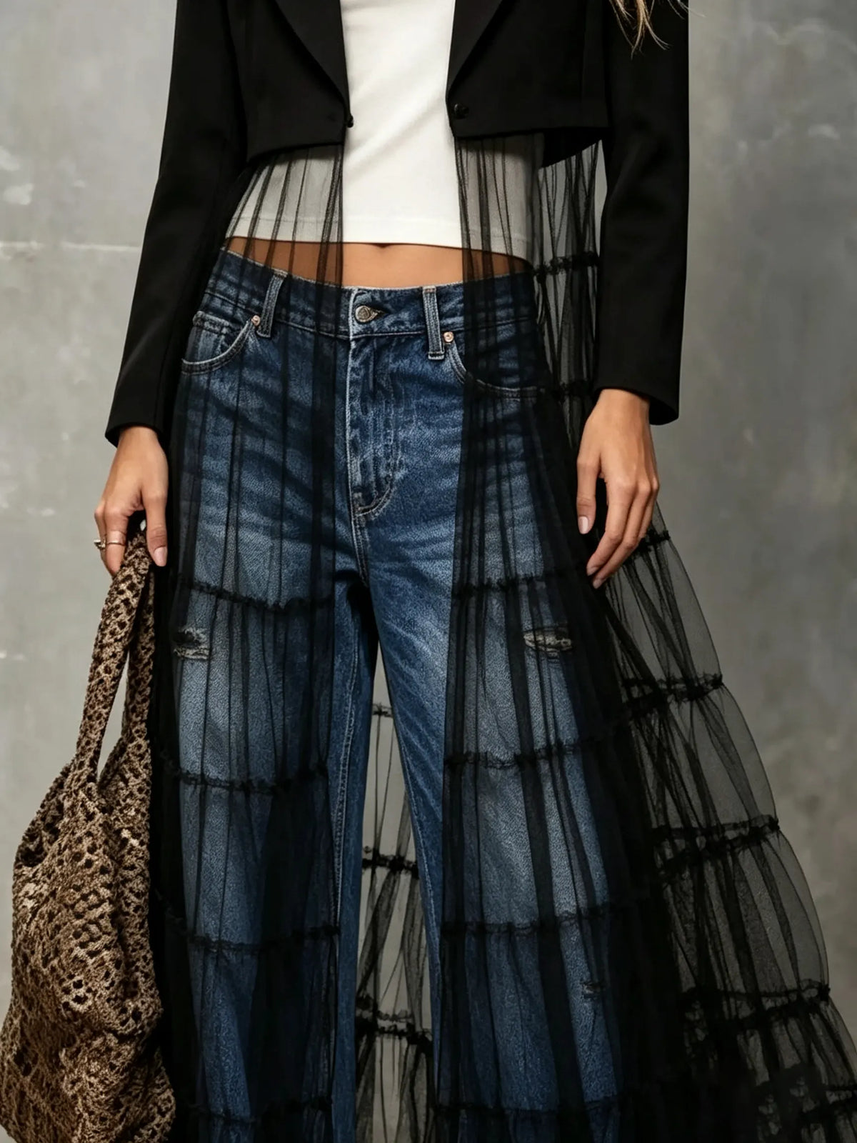 Women's Long Mesh Patchwork Crop Blazer