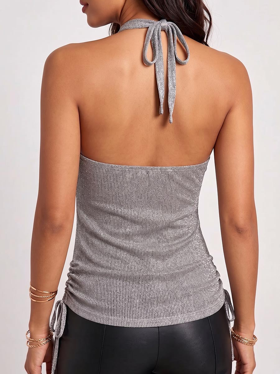 Women's Solid Color Halter-neck Drawstring Casual Loose Top