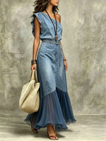 Women's One-Shoulder Denim Chiffon Pleated Maxi Dress