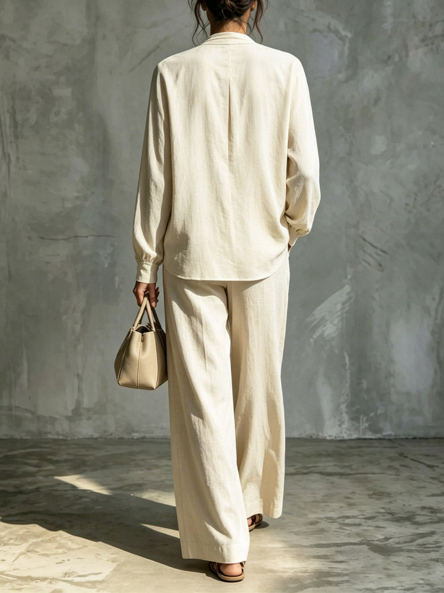 Women's V-Neck Art Casual Top And Pants Cotton And Linen Two-piece Set