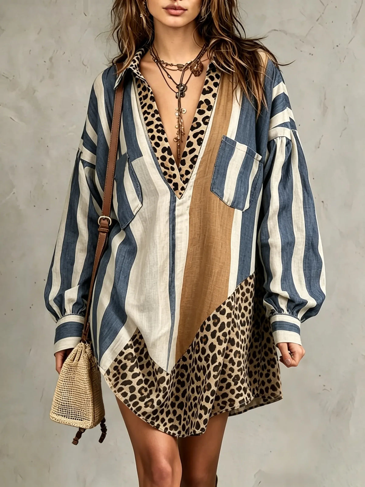 Women's Stripe Leopard Print Patchwork Loose Shirt Mini Dress