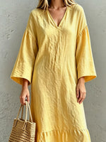 Women's V-collar Loose Art Casual Long Sleeve Cotton Linen Dress