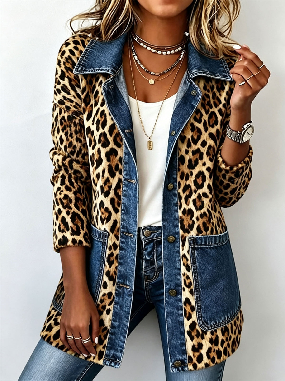 Women’s Leopard Print Patchwork Denim Lapel Button Down Shacket Jacket