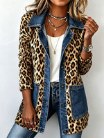 Women’s Leopard Print Patchwork Denim Lapel Button Down Shacket Jacket