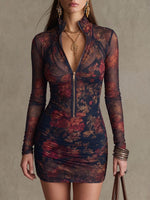 Women's Vintage Print Stand-collar Long-sleeve Casual Loose Stretchy Mesh Dress