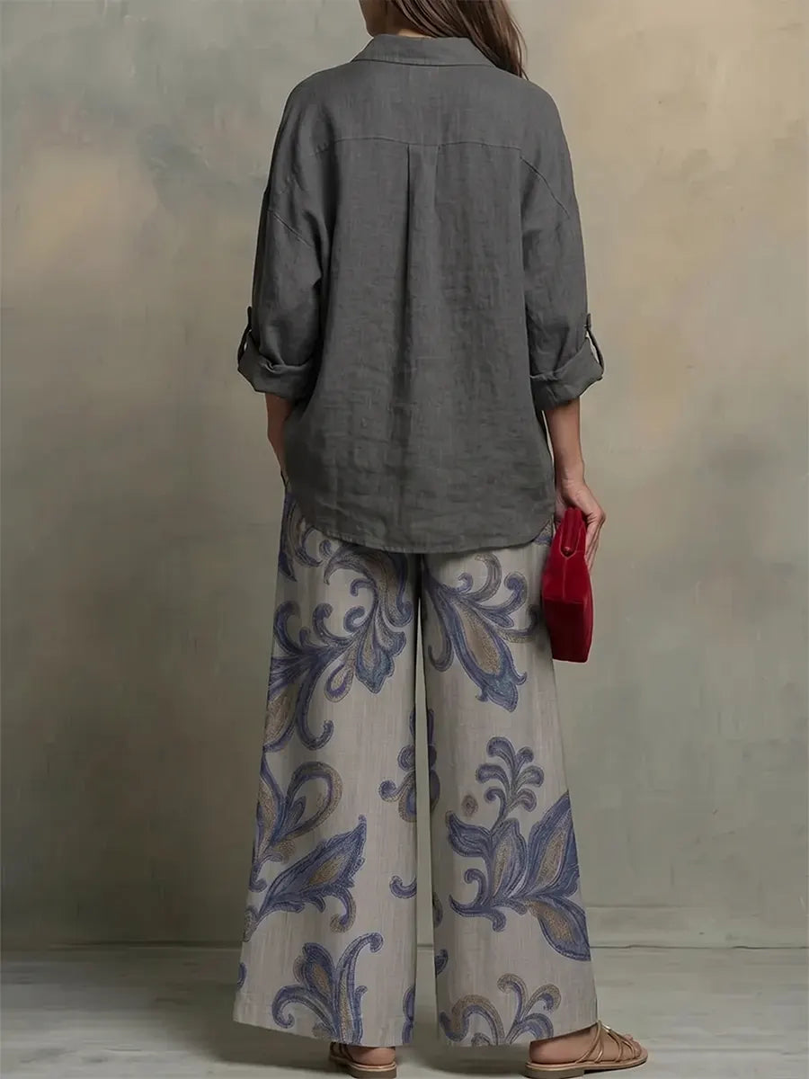 Effortless Bohemian Set – Relaxed Linen Shirt & Printed Wide-Leg Pants